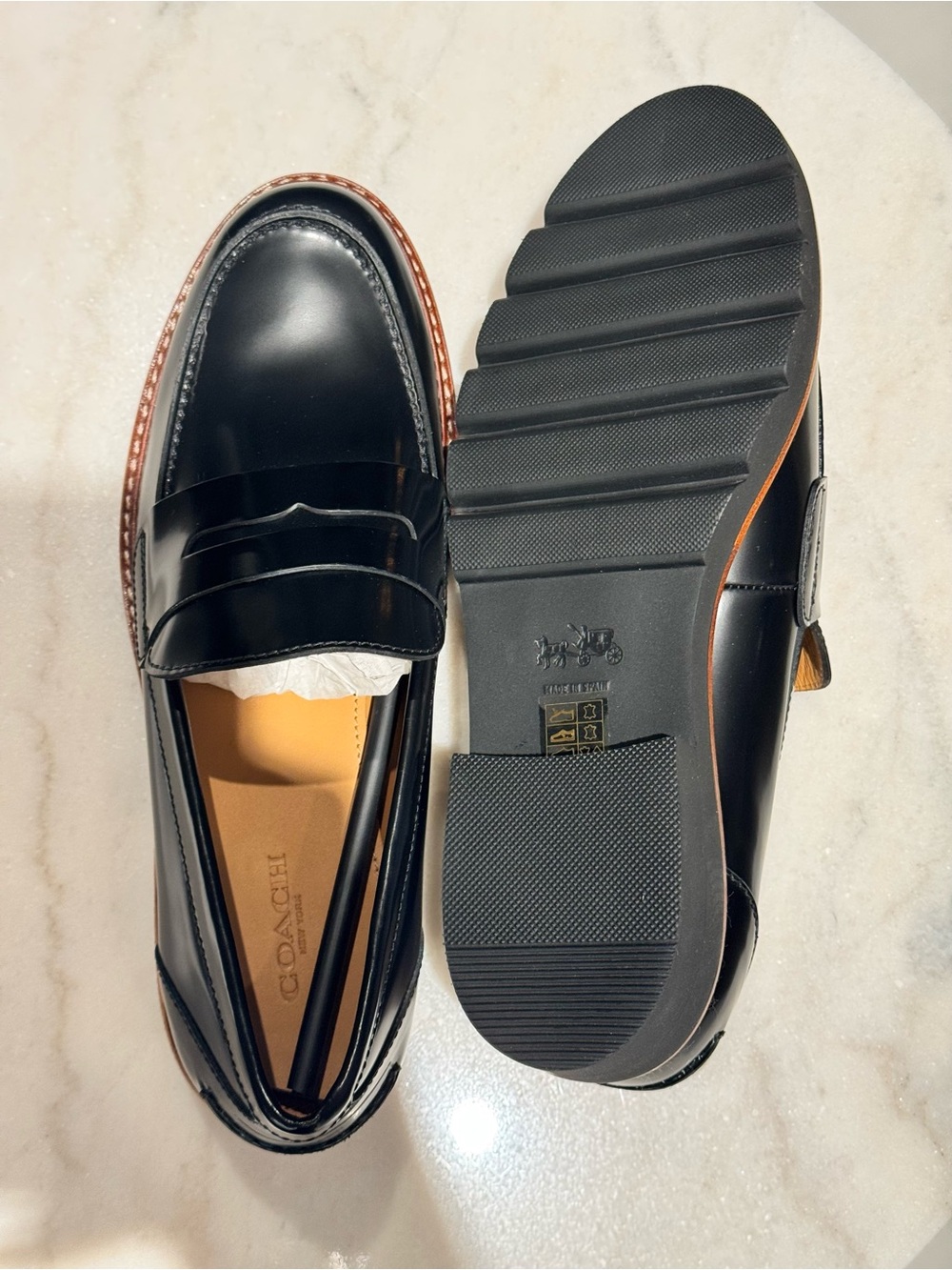 Coach Black Leather Penny Loafers Lug Sole Made in Spain Size 8.5B / EU 39 - Picture 7 of 10